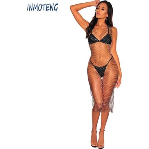 INMOTENG Women Sexy Beach Dress Summer Hollow Out Knitting Swimwear Mesh Beach Wear Sexy Crystal Mesh Side Split Sequined Dress
