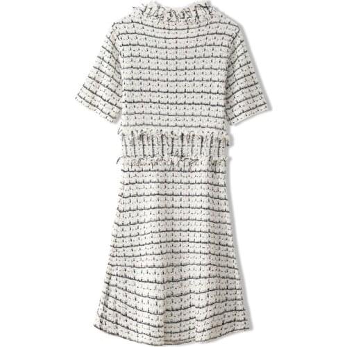 Luxury Fashion Women Clothing Tassel Patchwork Pearl Button Stitching Short Sleeve Dress knitting Cotton Plaid Mid-Length Dress