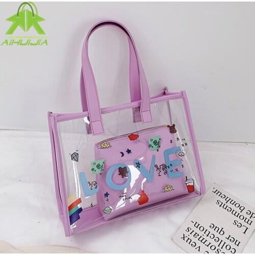 2pcs/set Fashion Transparent Printing PVC Shoulder Bags Summer New Style Women Jelly PU Leather Clutch Casual Travel Handbag