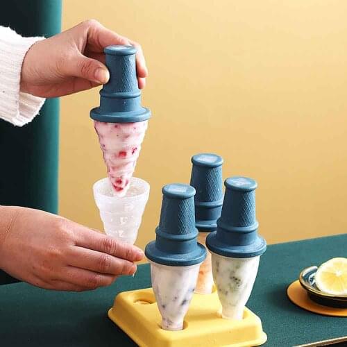 4Pcs Ice Cream Cone Mold Food Grade PP Blue Popsicle Ice Mold with Non-slip Yellow Base for Childrens Homemad Ice Popsicle Mold