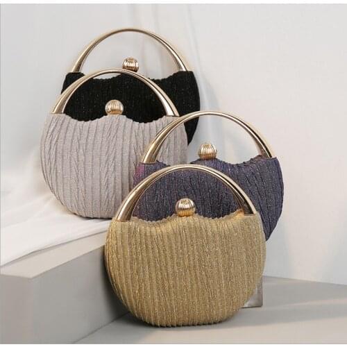 XIYUAN Shiny pleated evening bag Metal ladies handbag Small round bag chain diagonal bag Bridal Clutch Bag Cocktail Party bags