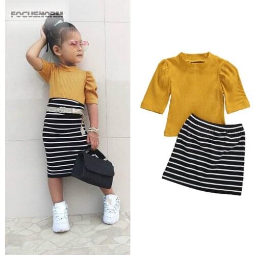 FOCUSNORM 1-5Y Autumn Baby Girls Clothes Sets Puff Long Sleeve Solid T Shirts Tops Striped Pencil Skirts 2pcs