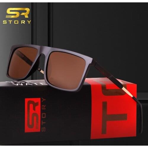 STORY Trendy TR90 Polarized Sunglasses Men UV400 Lens High Quality Brand Designer Rectangle Frame Brown Sun Glasses Male Goggles