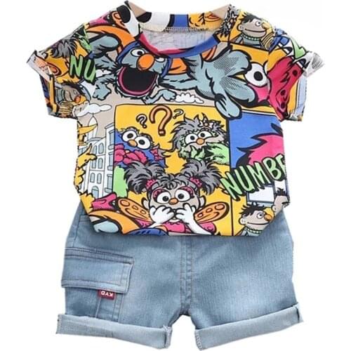 Cool Kid Boys Summer Clothes Outfit With Sunhat Fashion Graffiti Short-sleeved T-shirt Denim Shorts Set Children Pants Clothing