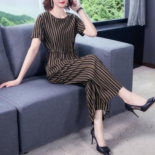 Fashion Womens Suits Summer Clothing Striped Print Cotton T-shirt Tops & Wide Leg Pants Trousers 2 Pcs Sets Feminina 4XL K267