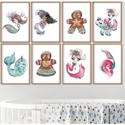 Cartoon Mermaid Princess Starfish Turtle Wall Art Canvas Painting Nordic Posters And Prints Wall Pictures For Girl Room Decor