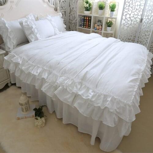 Full white bedding set double layers ruffle duvet cover bed sheet bedskirt princess bed linen brief warm home textile HM-15W