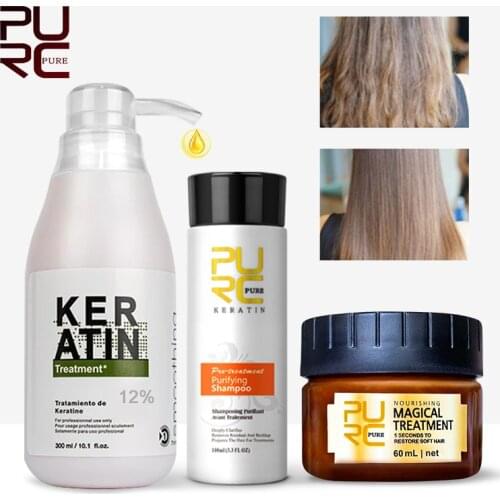 PURC Brazilian keratin 12% formalin 300ml keratin treatment set & magical hair mask repair damage hair make hair smooth & shine