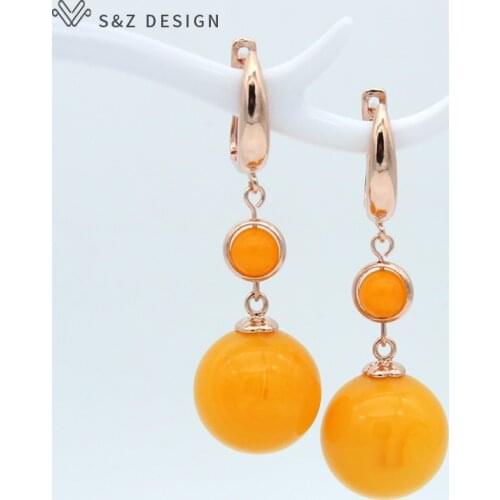 S&Z Round Simulated Beeswax Long Dangle Earrings Trendy 585 Rose Gold Classic Vintage Eardrop For Women Wedding Party Jewelry