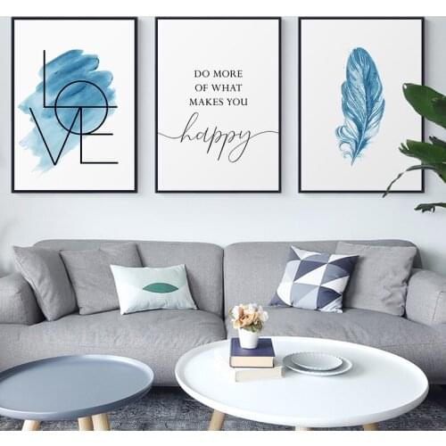 Blue Wall Art Feather Canvas Painting Inspirational Quote Poster and Print Love Sign Picture for Girl Room Decor Home Decor