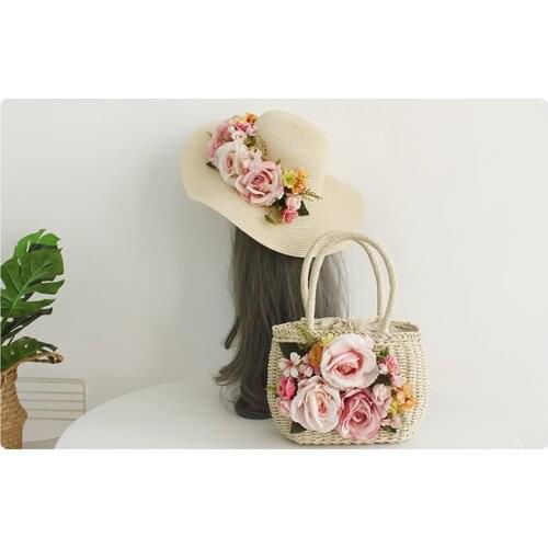 Straw Bags for Women 2021 Summer Hand-Woven Rattan Bag Handmade Woven Purse Wicker Beach Bag Flowers Handbag with Sun Hat