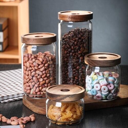 Acacia wood glass storage tank kitchen food grains coffee beans tea sealed tank transparent kitchen storage kitchen containers