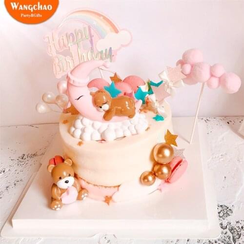 Moon Sleeping Bear Cake Topper Resin Happy Birthday Cake Toppers Baby Shower Boys Girls Party Cake Decoration Kids Favors Gifts