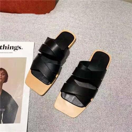 2021 Summer New Style Korean Version Of Solid Color Denim Cross Open-Toed Flat Bottom Slippers For Womens Outer Wear Casual Fli