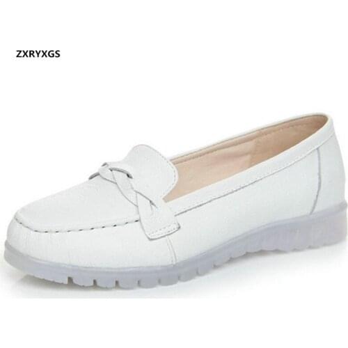 2020 Spring Top Cowhide Leather Shoes Woman Nurse White Shoes Comfortable Soft Sloe Non-slip Women Flats Casual Shoes Large Size