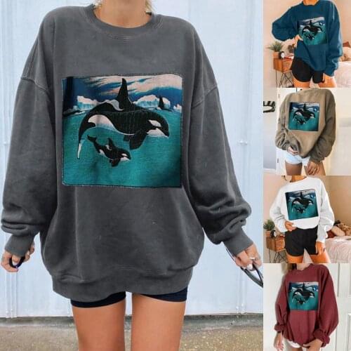 Women Casual Printing Long Sleeve Sweatshirt Solid Color whales Personalized Printing Hooded Sweater Lovely Girls Shirt