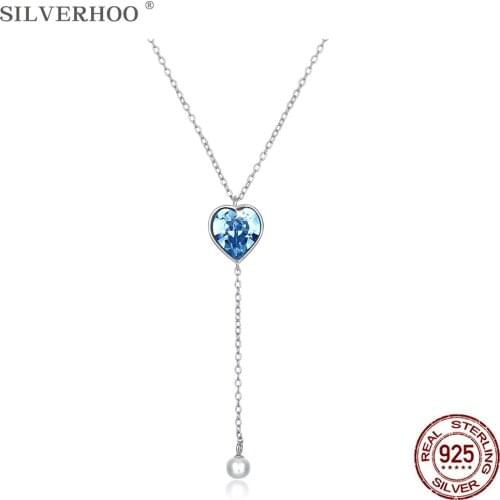 SILVERHOO S925 Sterling Silver Heart Pendant Long Tassels Women Necklace Austria Shining Blue Crystal Hot sale Fine Jewelry