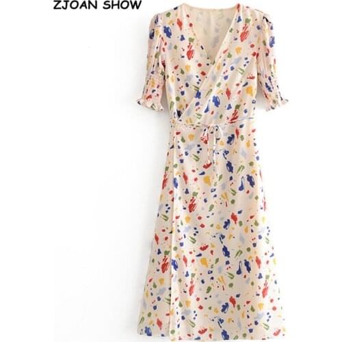 Vintage France V neck Front Slit Colored Print Wrap Dress Holiday Woman Tie Bow Lace up Waist Short Sleeve Midi Tea Dresses