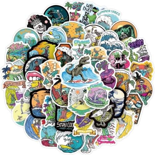 10/50PCS Outdoor Skull Surfing Stickers Summer Tropical Beach Surfing Waterproof DIY Surfboard Car Skateboard Decal Sticker