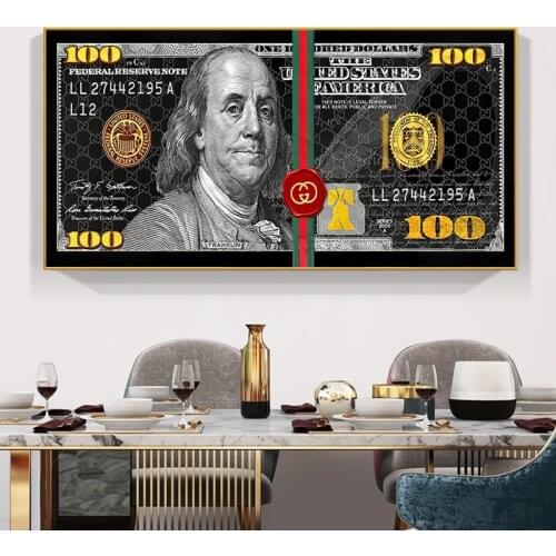 100 Dollar Bill Black and Gold Money Art Canvas Prints Office Decor Wall Art Painting Poster Motivational Picture Home Decor