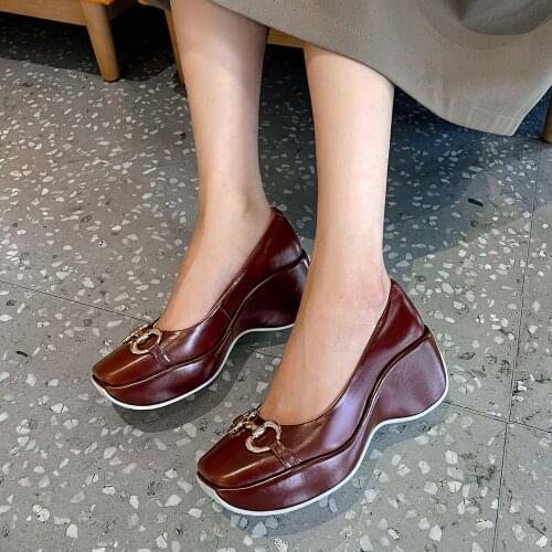 Fashion Spring/Fall/Summer Women Platform Shoes Woman High Heel Genuine Leather Wedges Ladies Square Toes Pumps Wine red/Beige