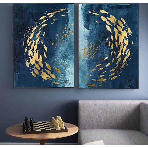 Abstract Gold Fish Blue Canvas Painting Posters and Prints Wall Art Aisle Luxurious Picture Cuadros for Living Room Home Decor