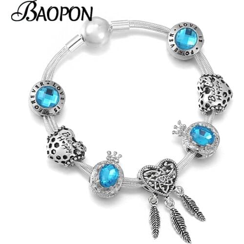 Silver Plated Feather Crystal Crown Pendant Charm Bracelet With Multi-layer Chain Bracelets For Women Wife Romantic Jewelry Gift