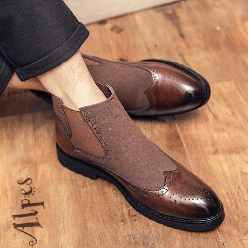 Brogue Chelsea Men Boots Misalwa PU Fashion Carved Spring Fall Patchwork Casual Boots