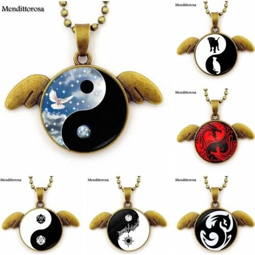 For Women Girl Gift Glass Cabochon Jewelry With Bronze Necklace Choker Long Angel Wings Pendant Necklace Eight Diagrams Gossip