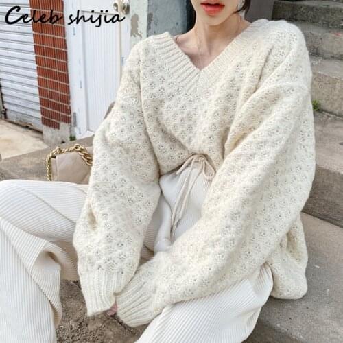 Korean Twist Knitting Jumper Woman Oversized Autumn Winter Thicken Red Sweater Female V-neck Street Y2k Pullover Lazy