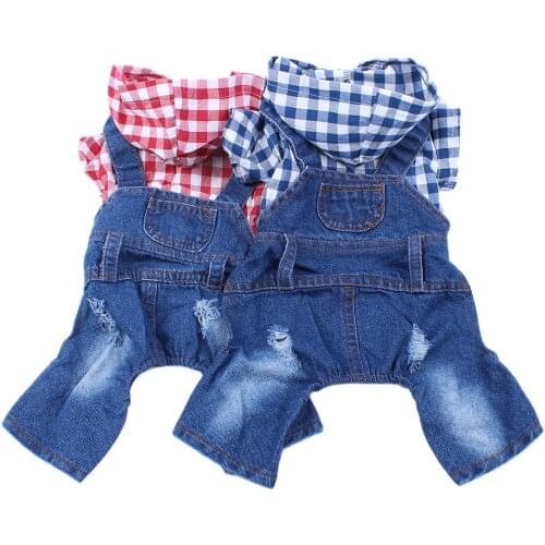 Pet Denim Jumpsuit Puppy Cotton Plaid Shirt Doggy Outfit Coat dog Jacket Apparel 6sizes