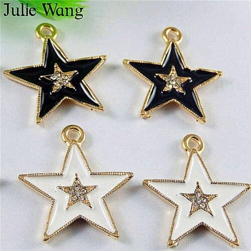 Julie Wang 6PCS Mixed Enamel White Black Rhinestone Stars Alloy Gold Tone Charms Necklace Pendant DIY Jewelry Making Accessory