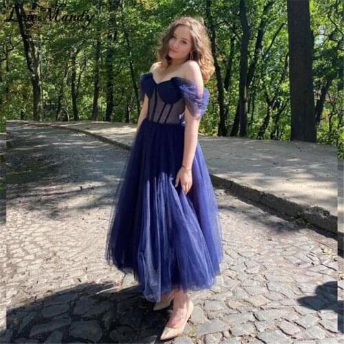 Detachable Straps Short Prom Dresses 2021 Fabulous Tea Length Cocktail Party Gowns For Women Royal Blue Tulle Vestido graduación