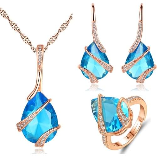 MOONROCY Rose Gold / Silver Color Blue Necklace Earrings Rings Jewlery Set Crystal Chokers for Women Wholesale Dropshipping Gift