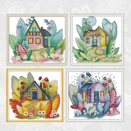 Joy Sunday Four Seasons Magic Cottage Patterns Aida Cross Stitch Printed Embroidery Set DIY Hand Accessories Home Decoration