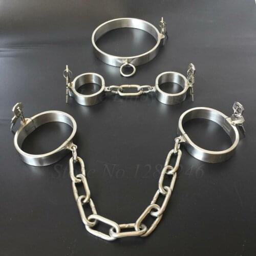 Stainless Steel Handcuffs Ankle Cuff Neck Collar With Chain Sex Bondage bdsm Stealth Lock Restraints Fetish Sex Toys for Couples