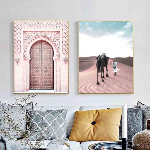 Pink Morocco Door Art Prints Home Decorative Pictures Desert Pedestrian Posters Wall Art Canvas Painting Picture For Living Room