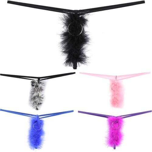 Mens Sexy Pouch G-String Underwear Sexy Low Rise Bulge Feather Crotchless T-Back Elastic Waistband Lingerie Metal Ring Hollow