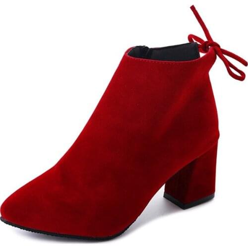 2020 Large Size 34-43 New Spring And Autumn High-heeled Professional Pointed Lace-up Decorative Suede Classic Ankle Boots B22-55