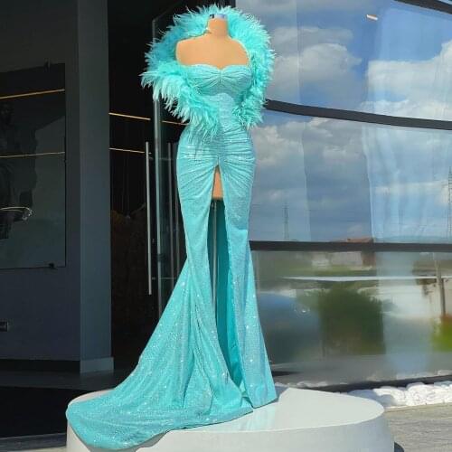 New Fashion Sexy Evening Dresses Feathers High Split Long Mermaid Sparkling Plus Size Women Prom Pageant Elegant Gowns Custom