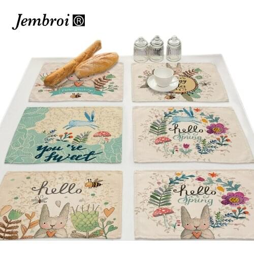 Cartoon Rabbit Faux Linen Placemat Coffee Tea Dinning Table Decoration Heat Insulation Mat Pad Tablecloth Drink Coasters Set