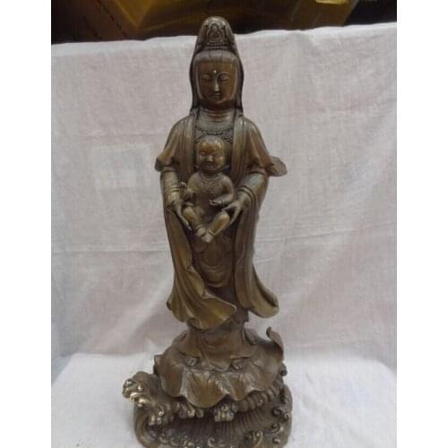 S1348 22" Bronze Buddism Kwan-Yin GuanYin Buddha Kid Child On Lotus Statue