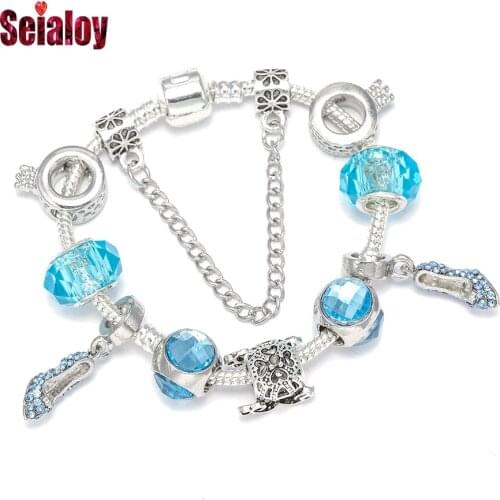 Seialoy Fashion Blue Crystal Shoes Charm Bracelets For Women Faceted Crystal Beaded Bangle Fit Girl Women Party Jewelry Gift
