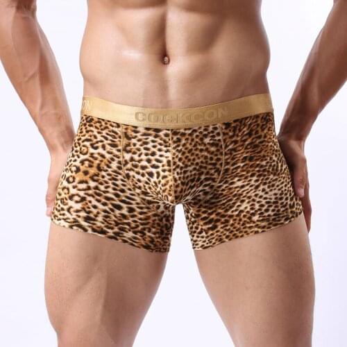 Sexy Mens Boxers Low Waist Ice Silk Leopard Print Underwear Boxers Briefs Seamless Male Underwear
