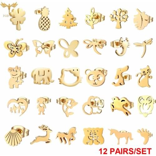 Wholesale Stainless Steel Earrings for Women Girl Animal Clover Flower Cat Bird Unicorn Bear Butterfly Style Gold Ear Jewelry