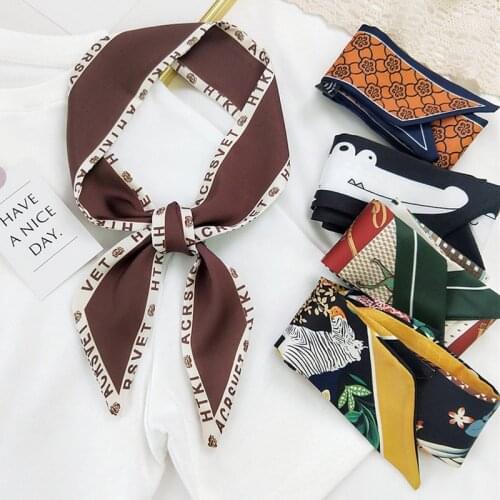 MoriBty Skinny Women Silk Scarf Luxury Summer Letter Bufandas Neckerchief Foulard Print Hair Ribbon Headscarf Neck Tie Bag Wraps