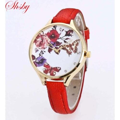 Shsby Brand butterfly flower WristWatch Thin Leather Strap watch Ladies Rhinestone Quartz Watch Women dress Watches girls gift
