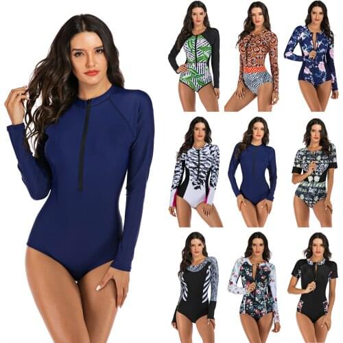One Piece Swimsuit Rashguard Printed Long Sleeve Swimsuit Rash Guard 2020 New Women Swimwear Surfing Swimming Suit Bathing Suit