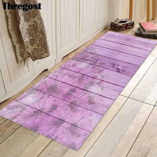 Thregost Home Mat Purple Floral Print Antislip Floor Mats Kitchen Rugs Washable Indoor Doormat Microfiber Bath Carpet