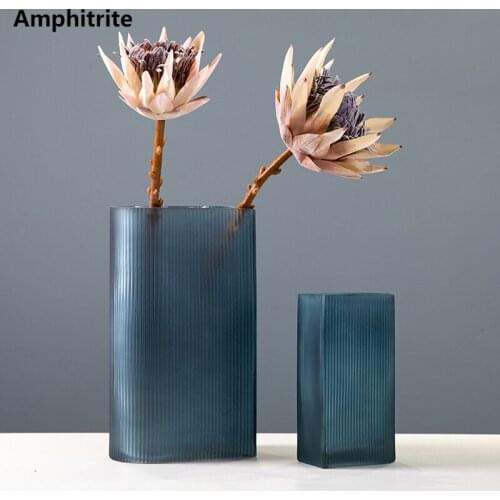 Decoration Of The New European Vertical-grained Flat-blue Glass Vase Smooth Decoration Of Luxury Light Flower Arrangement Vase
